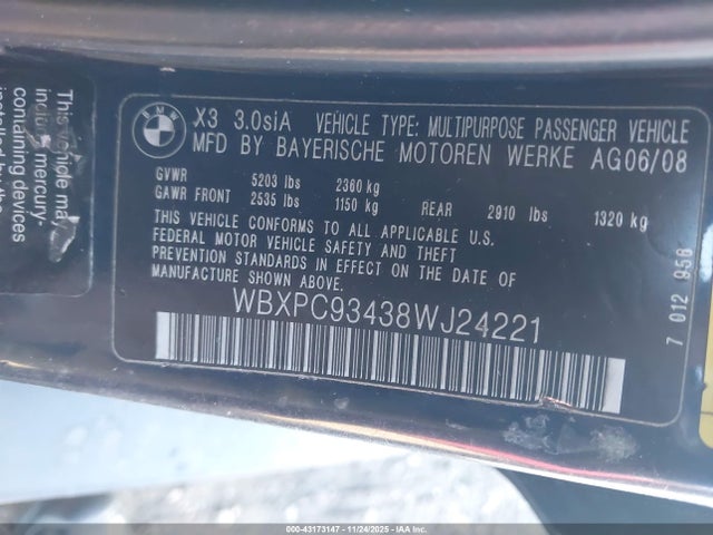 43173147 :رقم المزاد ، WBXPC93438WJ24221 vin ، 2008 Bmw X3 3.0si مزاد بيع