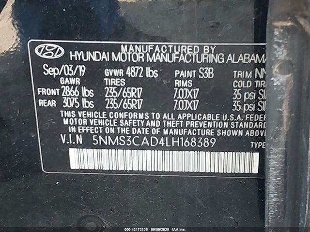 5NMS3CAD4LH168389 Hyundai Santa Fe Sel