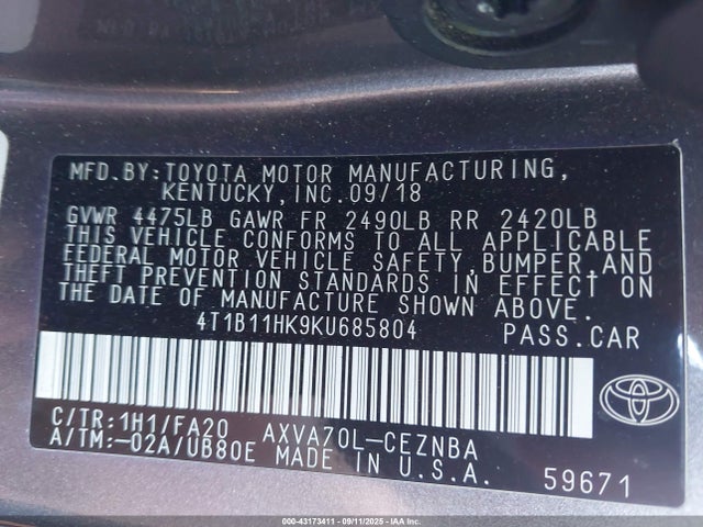 4T1B11HK9KU685804 Toyota a25a-fks