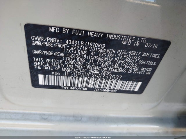 JF2GPABCXG8333097 Subaru naturally aspirated