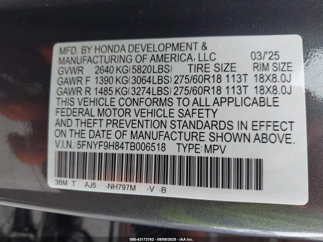 5FNYF9H84TB006518 Honda j35y8
