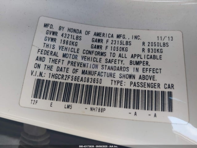 Honda k24w1 2014 1HGCR2F56EA083650 Image 9