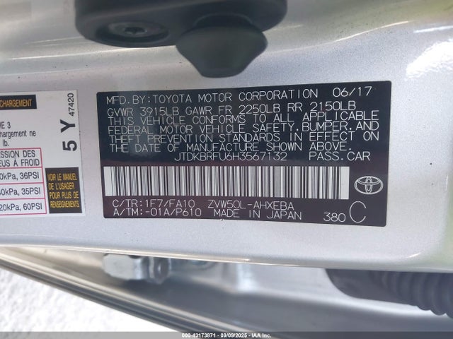 JTDKBRFU6H3567132 Toyota 2zr-fxe,1nm