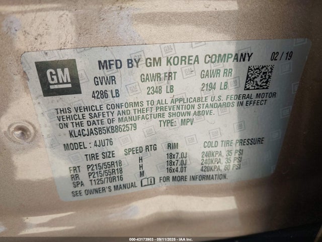 Aukcja sprzedaży 2019 Buick Encore Fwd Preferred, vin: KL4CJASB5KB862579, numer aukcji: 43173903