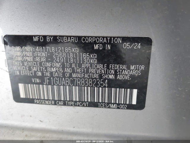 43174125 :رقم المزاد ، JF1GUABC7R8382354 vin ، 2024 Subaru Impreza Base 5-door مزاد بيع