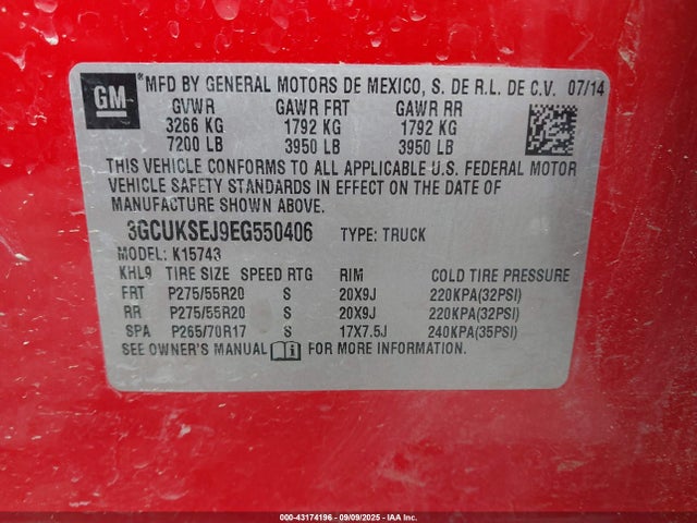 3GCUKSEJ9EG550406 Chevrolet l86 - vvt, afm, e85 max, aluminum