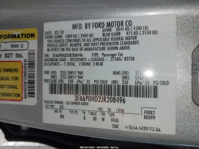 2018 FORD FUSION 3FA6P0HD2JR208496 Photo 8
