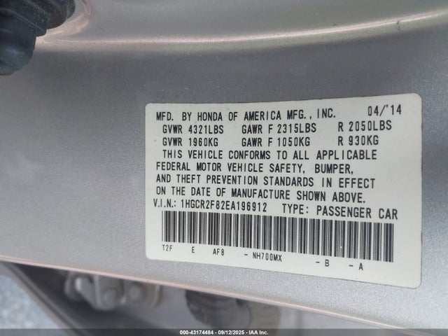 1HGCR2F82EA196912 Honda k24w1