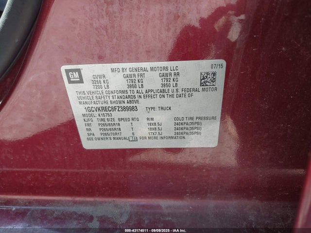 Продажа на аукционе авто 2015 Chevrolet Silverado 1500 2lt, vin: 1GCVKREC8FZ389983, номер лота: 43174511