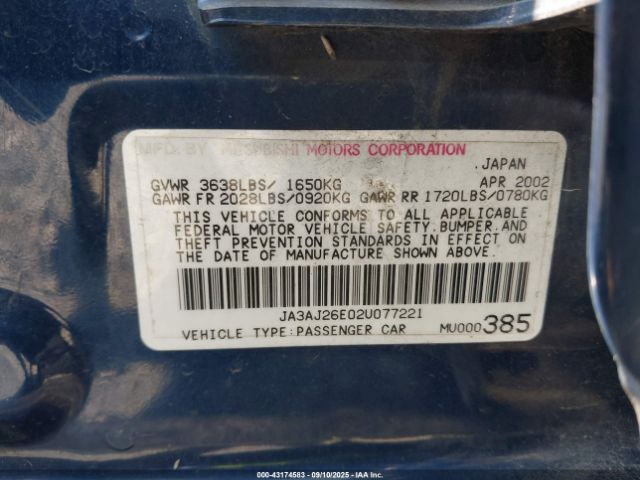 2002 MITSUBISHI LANCER JA3AJ26E02U077221 Photo 8