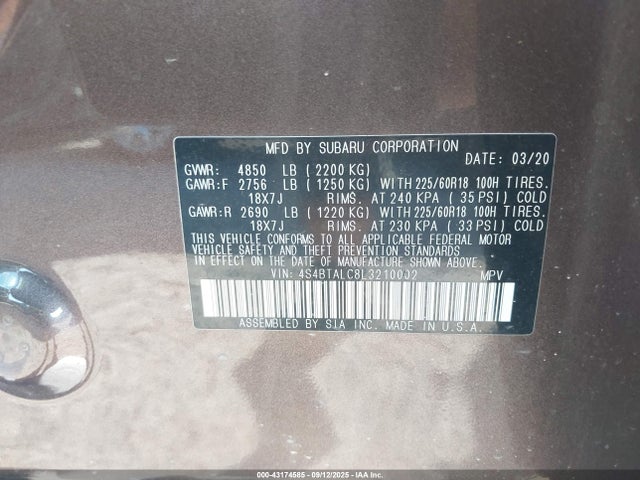 Продажа на аукционе авто 2020 Subaru Outback Limited, vin: 4S4BTALC8L3210002, номер лота: 43174585