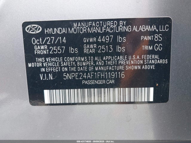 5NPE24AF1FH119116 Hyundai dohc gdi theta-ii