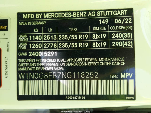 W1N0G8EB7NG118252 Mercedes-Benz m274