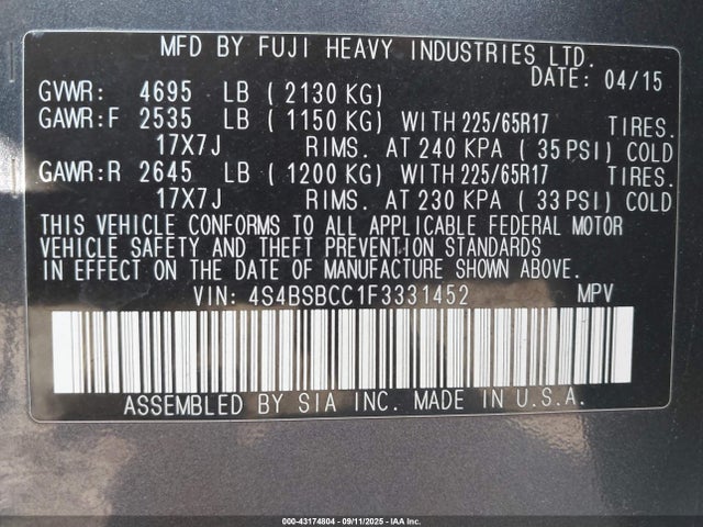 Subaru 2.5l u6 2015 4S4BSBCC1F3331452 Image 9