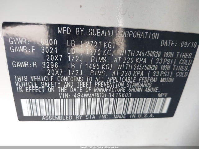 4S4WMARD3L3416603 Subaru 2020