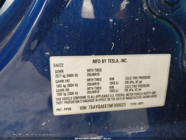 2022 TESLA MODEL Y 7SAYGAEE1NF399523 Photo 8