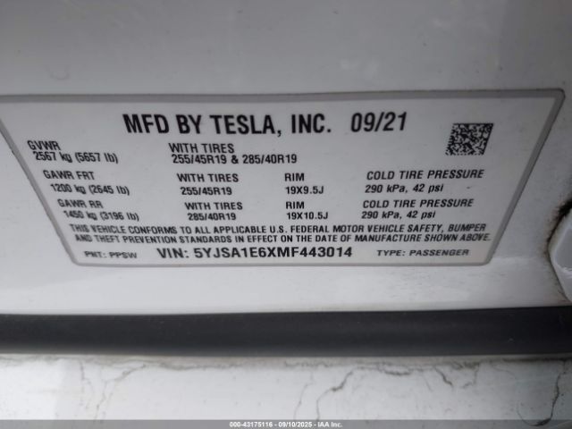2021 TESLA MODEL S 5YJSA1E6XMF443014 Photo 8
