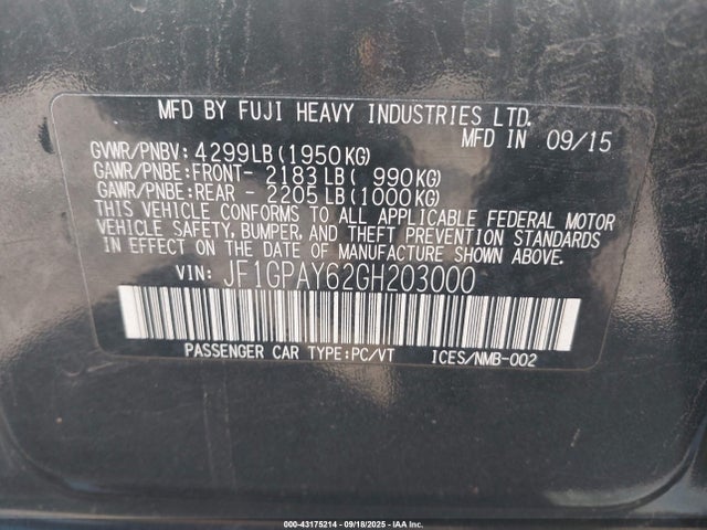 JF1GPAY62GH203000 Subaru 2.0l na