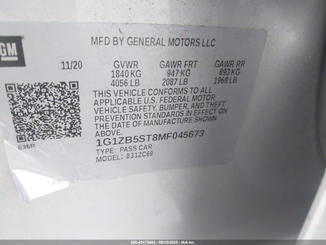 Chevrolet lfv - direct injection, variable valve timing, gen 1 gmna 2021 1G1ZB5ST8MF045673 Image 9