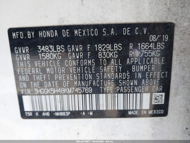 3HGGK5H48KM745769 Honda l15b1