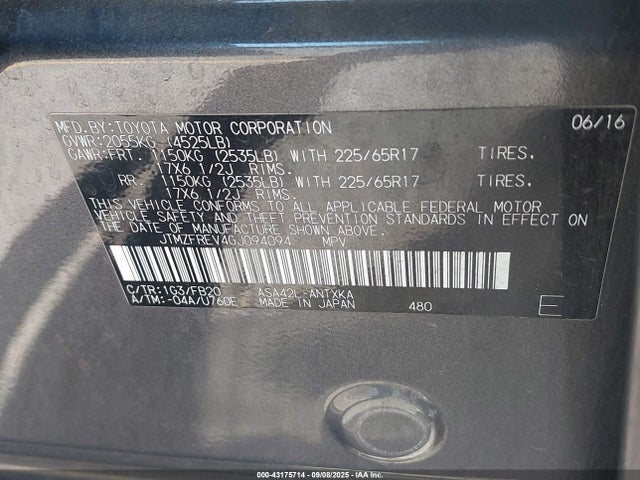 Toyota 2ar-fe 2016 JTMZFREV4GJ094094 Image 9