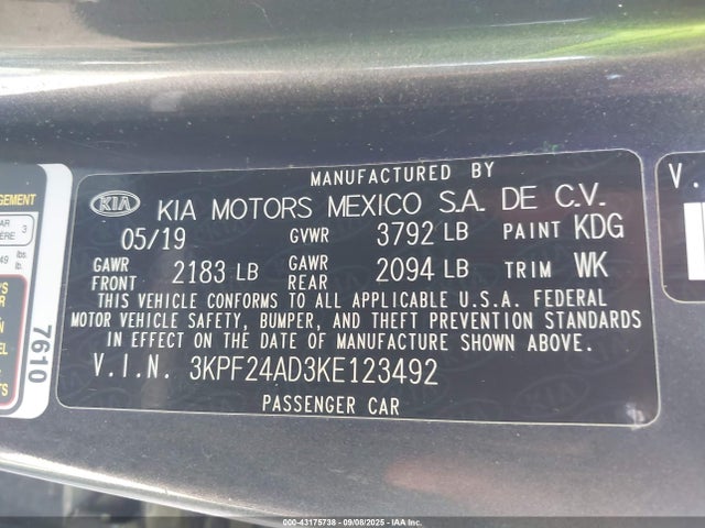 3KPF24AD3KE123492 KIA mpi nu