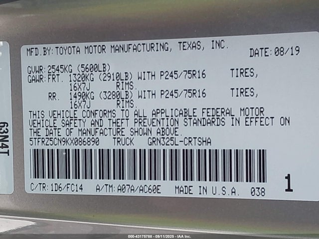 5TFRZ5CN9KX086890 Toyota 2gr-fks