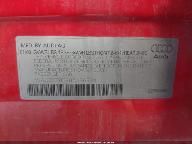 2008 AUDI A4 WAUDF78E98A136879 Photo 8