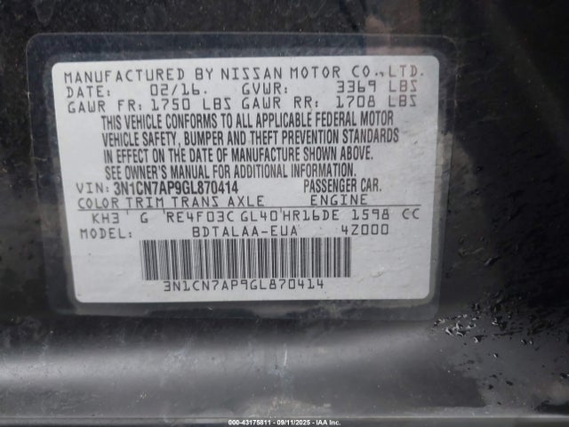 3N1CN7AP9GL870414 Nissan Versa