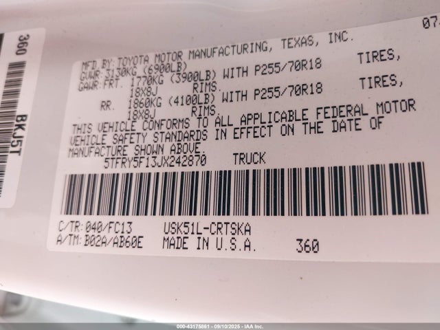 5TFRY5F13JX242870 Toyota 3ur-fe