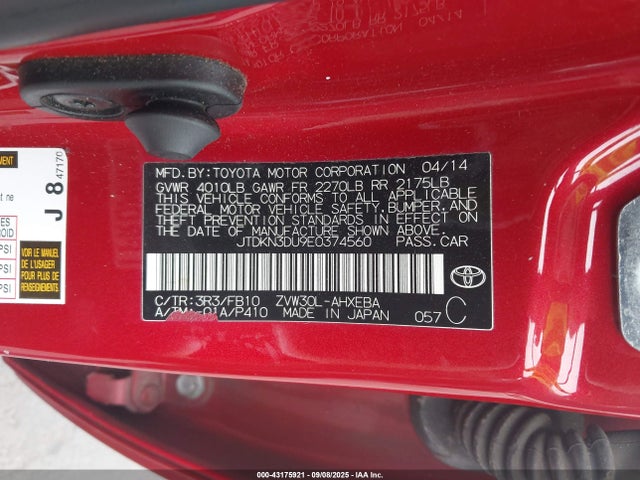 JTDKN3DU9E0374560 Toyota 2zr-fxe+3jm