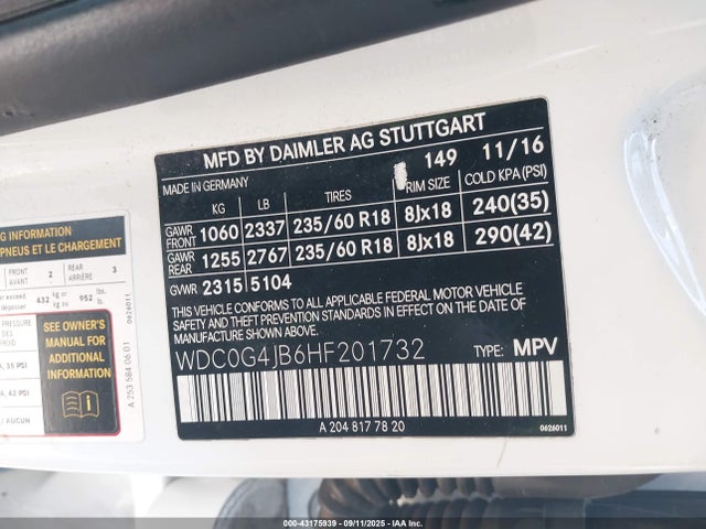 Mercedes-Benz m274 2017 WDC0G4JB6HF201732 Image 9