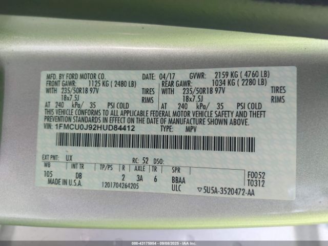 2017 FORD ESCAPE 1FMCU0J92HUD84412 Photo 8