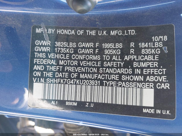 SHHFK7G47KU203931 Honda l15ba