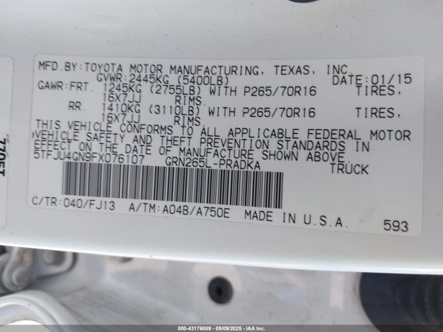 5TFJU4GN9FX076107 Toyota 1gr-fe