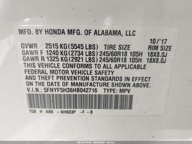 5FNYF5H36HB042716 Honda j35y6