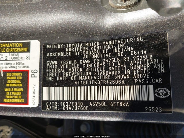 4T4BF1FK0ER426066 Toyota 2ar-fe