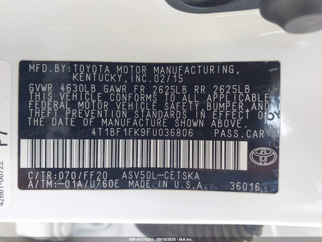 Toyota 2ar-fe 2015 4T1BF1FK9FU036806 Image 9