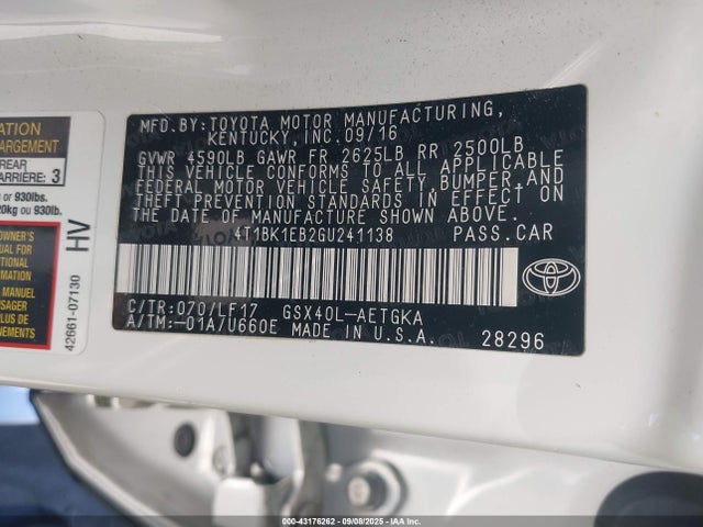 Toyota 2gr-fe 2016 4T1BK1EB2GU241138 Image 9
