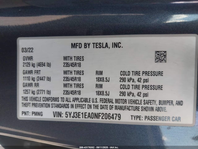 2022 TESLA MODEL 3 5YJ3E1EA0NF206479 Photo 8