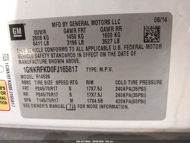 Chevrolet llt 2015 1GNKRFKD0FJ165817 Image 9
