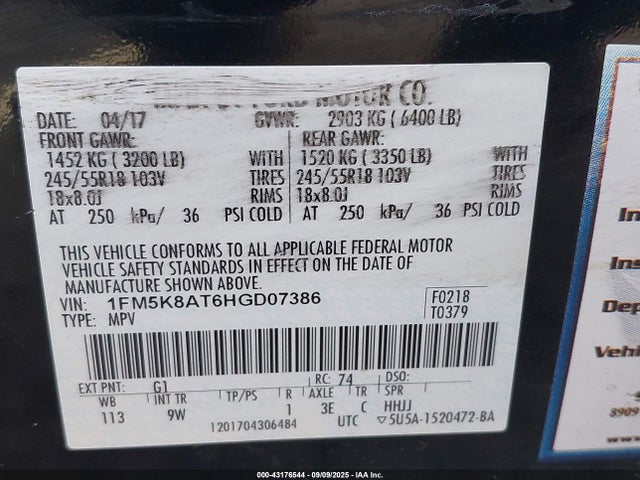 1FM5K8AT6HGD07386 Ford 3.5l gtdi