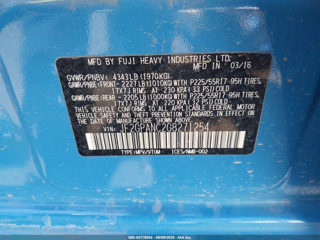 Subaru naturally aspirated 2016 JF2GPANC2G8271254 Image 9