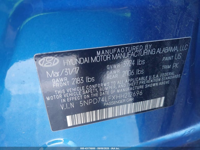 5NPD74LFXHH212696 Hyundai Elantra