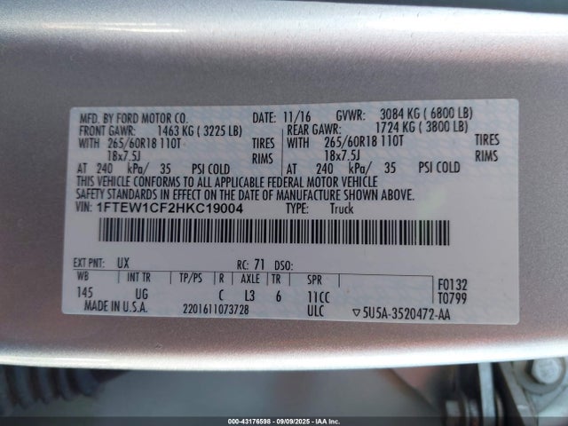 Ford 5.0l-4v 2017 1FTEW1CF2HKC19004 Image 9
