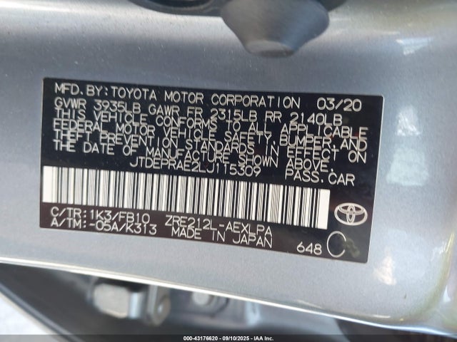 JTDEPRAE2LJ115309 Toyota 2zr-fae