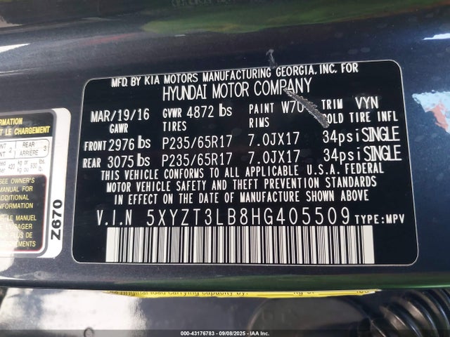 5XYZT3LB8HG405509 Hyundai gdi theta ii