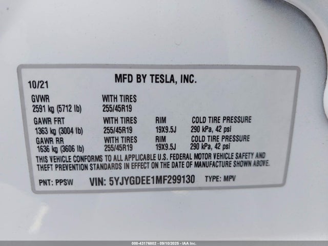 2021 TESLA MODEL Y 5YJYGDEE1MF299130 Photo 8