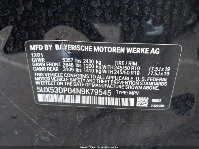 5UX53DP04N9K79545 BMW X3