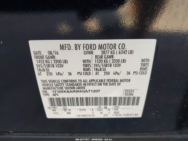 1FM5K8AR9HGA71207 Ford 3.7l ti-vct